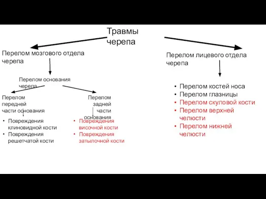 Травмы черепа Перелом мозгового отдела черепа Перелом передней части основания Перелом задней