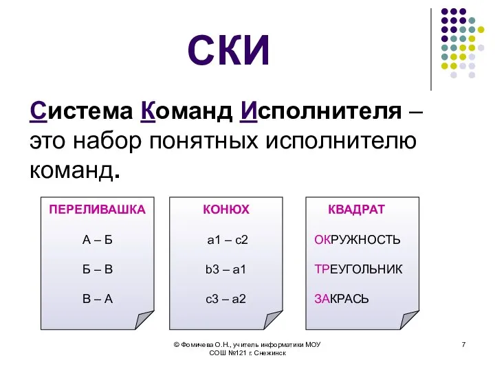 СКИ Система Команд Исполнителя – это набор понятных исполнителю команд. ПЕРЕЛИВАШКА А