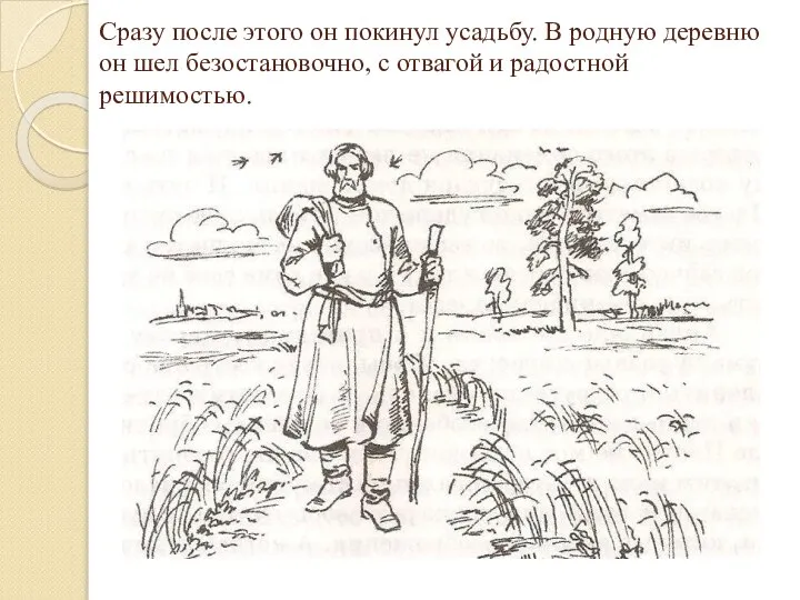 Сразу после этого он покинул усадьбу. В родную деревню он шел безостановочно,