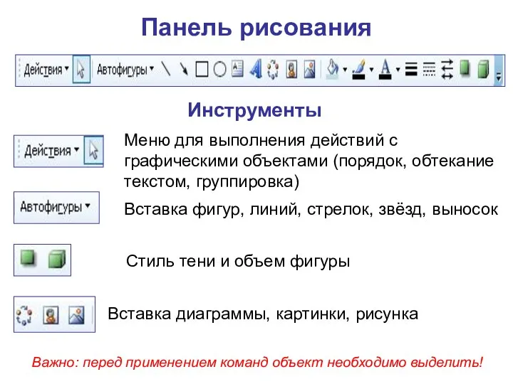 Панель рисования Меню для выполнения действий с графическими объектами (порядок, обтекание текстом,