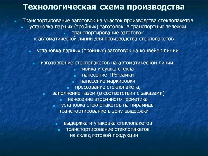 Технологическая схема производства Транспортирование заготовок на участок производства стеклопакетов установка парных (тройных)