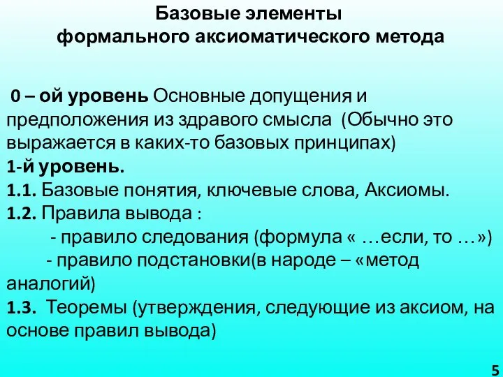 5 Базовые элементы формального аксиоматического метода 0 – ой уровень Основные допущения