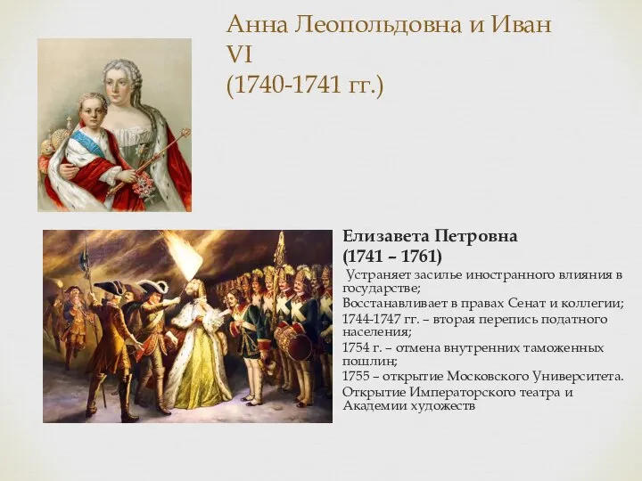 Анна Леопольдовна и Иван VI (1740-1741 гг.) Елизавета Петровна (1741 – 1761)