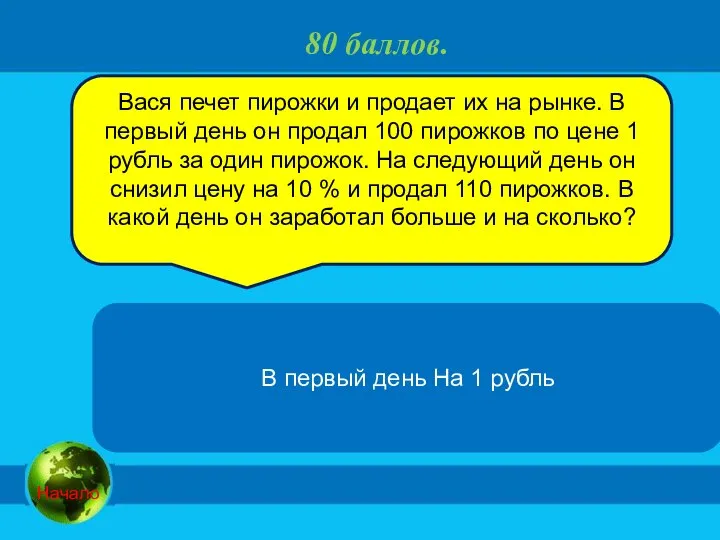 80 баллов. В первый день На 1 рубль Вася печет пирожки и