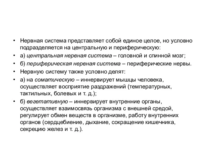 Нервная система представляет собой единое целое, но условно подразделяется на центральную и