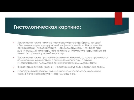 Гистологическая картина: Характерно также наличие перикапсулярного фиброза, который обусловлен перигломерулярной инфильтрацией, наблюдаемой