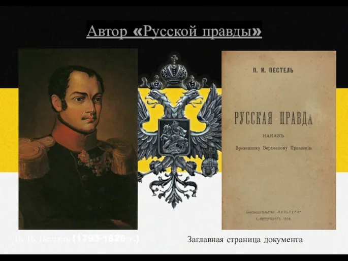 Автор «Русской правды» П. И. Пестель (1793-1826гг.) Заглавная страница документа