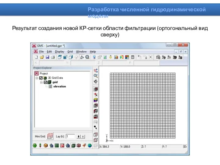 Результат создания новой КР-сетки области фильтрации (ортогональный вид сверху)