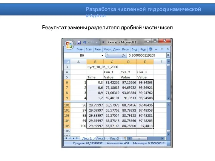 Результат замены разделителя дробной части чисел