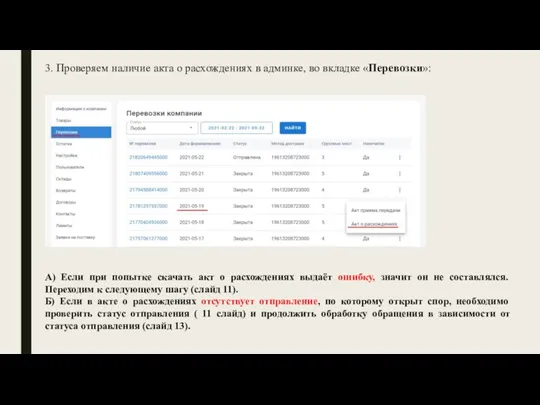 3. Проверяем наличие акта о расхождениях в админке, во вкладке «Перевозки»: А)