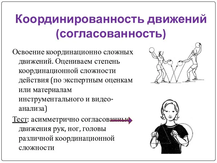 Координированность движений (согласованность) Освоение координационно сложных движений. Оцениваем степень координационной сложности действия