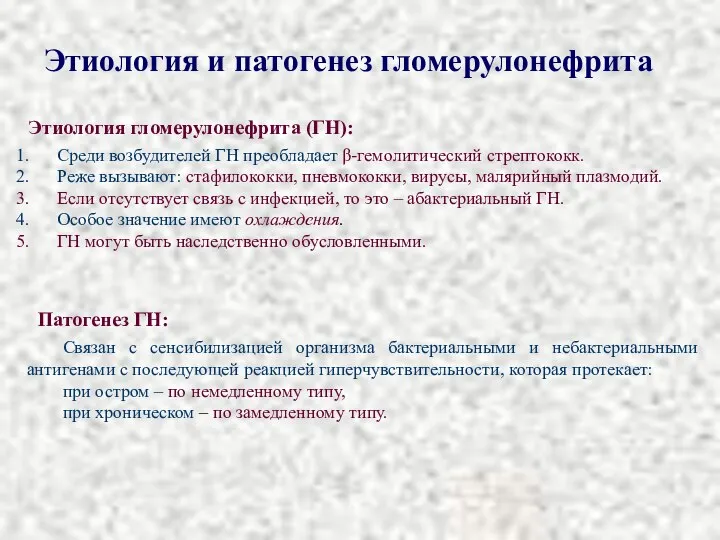 Этиология и патогенез гломерулонефрита Этиология гломерулонефрита (ГН): Среди возбудителей ГН преобладает β-гемолитический