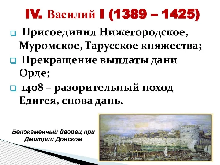 Присоединил Нижегородское, Муромское, Тарусское княжества; Прекращение выплаты дани Орде; 1408 – разорительный