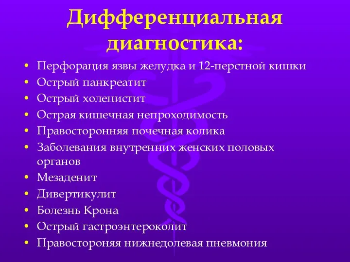 Дифференциальная диагностика: Перфорация язвы желудка и 12-перстной кишки Острый панкреатит Острый холецистит