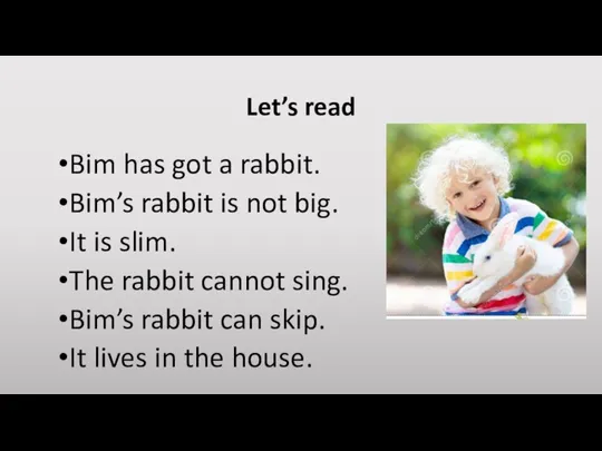 Let’s read Bim has got a rabbit. Bim’s rabbit is not big.