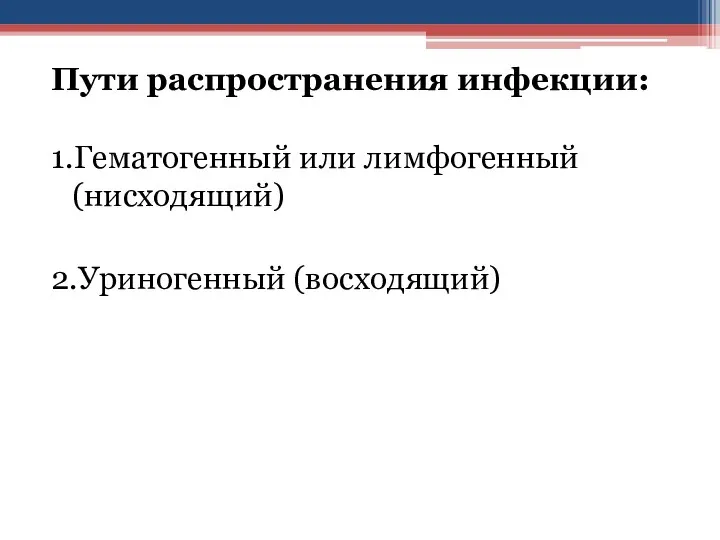 Пути распространения инфекции: 1.Гематогенный или лимфогенный(нисходящий) 2.Уриногенный (восходящий)