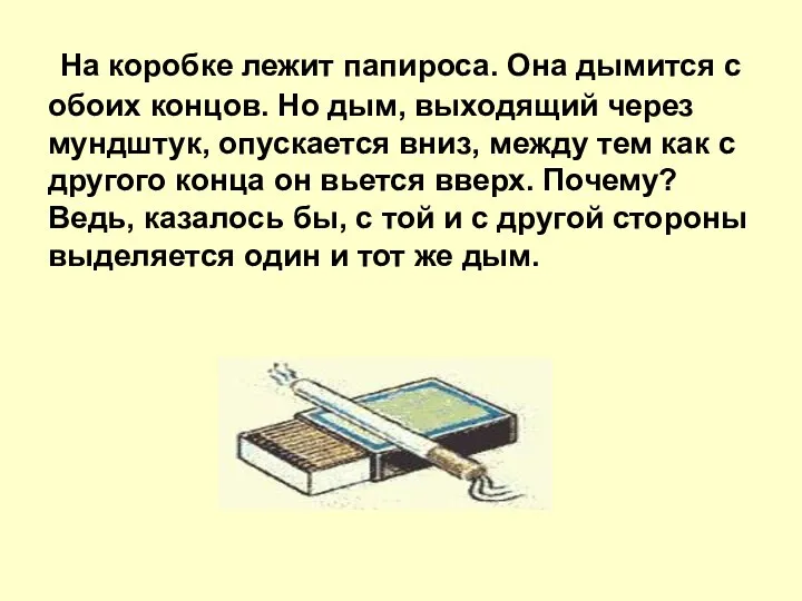 На коробке лежит папироса. Она дымится с обоих концов. Но дым, выходящий