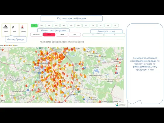 Dashboard отображает распределение продаж по бренду на карте по фильтрам месяц, типу