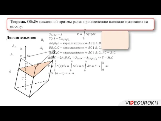 Теорема. Объём наклонной призмы равен произведению площади основания на высоту. Доказательство: