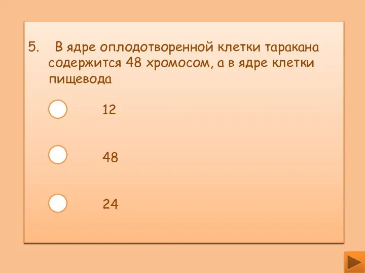 5. В ядре оплодотворенной клетки таракана содержится 48 хромосом, а в ядре