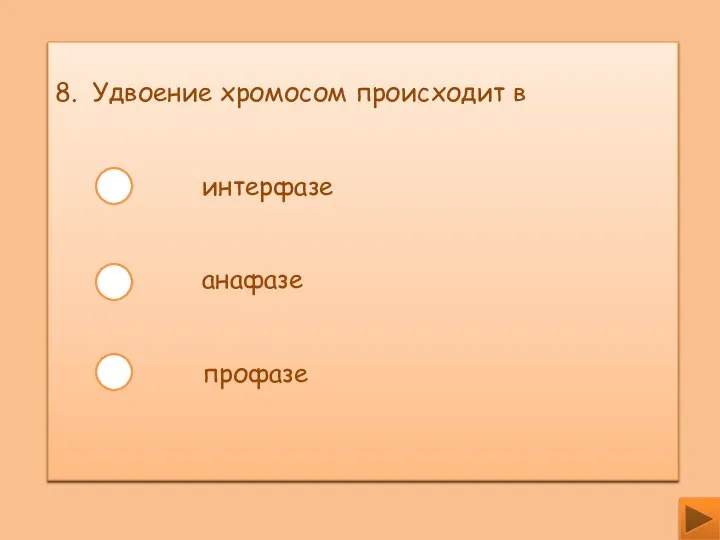 8. Удвоение хромосом происходит в интерфазе анафазе профазе
