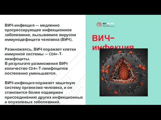 ВИЧ-инфекция ВИЧ-инфекция — медленно прогрессирующее инфекционное заболевание, вызываемое вирусом иммунодефицита человека (ВИЧ).