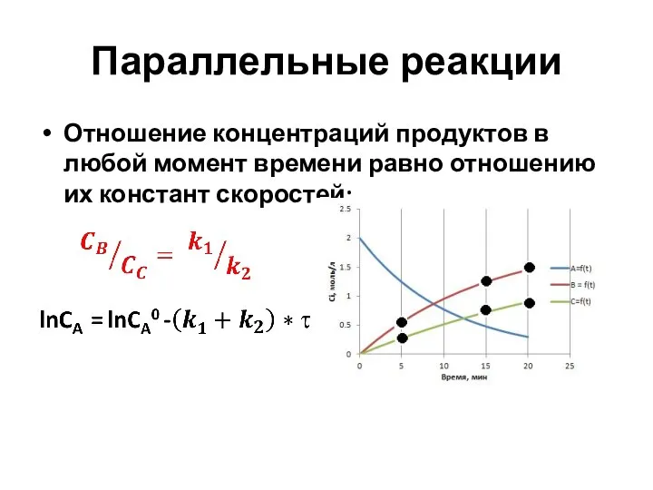 Параллельные реакции Отношение концентраций продуктов в любой момент времени равно отношению их констант скоростей: