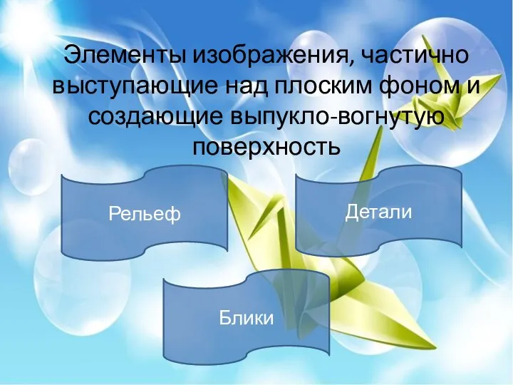 Элементы изображения, частично выступающие над плоским фоном и создающие выпукло-вогнутую поверхность Рельеф Блики Детали