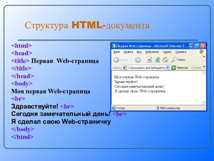 Структура HTML-документа Первая Web-страница Моя первая Web-страница Здравствуйте! Сегодня замечательный день! Я сделал свою Web-страничку