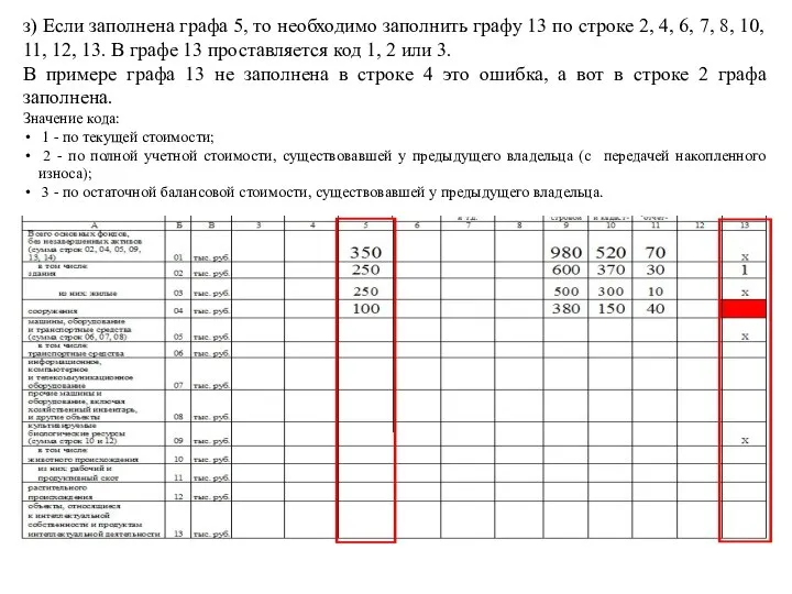 з) Если заполнена графа 5, то необходимо заполнить графу 13 по строке