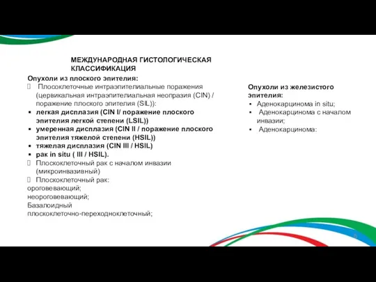 МЕЖДУНАРОДНАЯ ГИСТОЛОГИЧЕСКАЯ КЛАССИФИКАЦИЯ Опухоли из плоского эпителия: Плоcоклеточные интраэпителиальные поражения (цервикальная интраэпителиальная