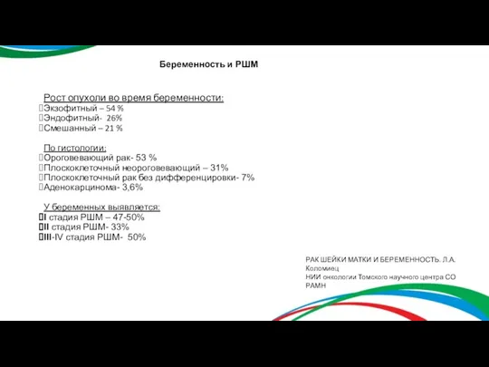 Рост опухоли во время беременности: Экзофитный – 54 % Эндофитный- 26% Смешанный