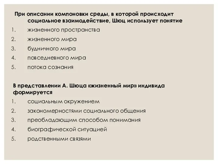 При описании компоновки среды, в которой происходит социальное взаимодействие, Шюц использует понятие