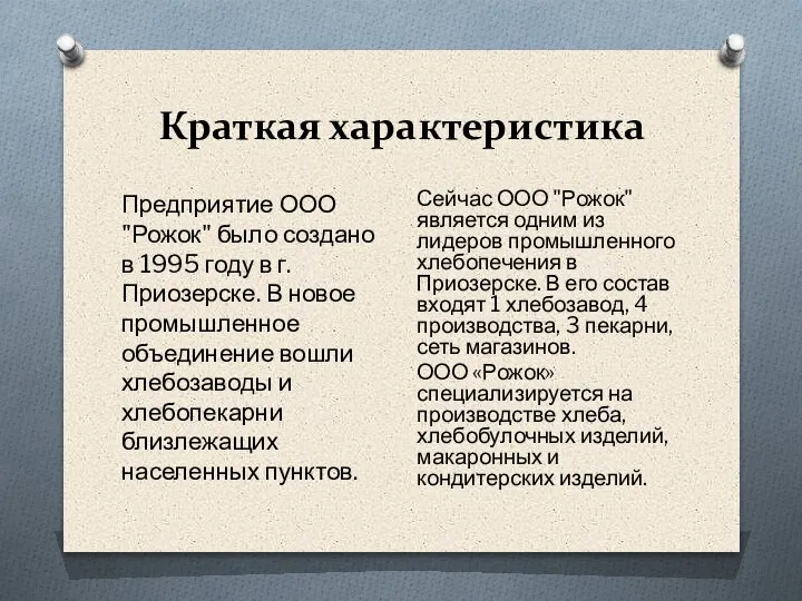 Краткая характеристика Предприятие ООО "Рожок" было создано в 1995 году в г.