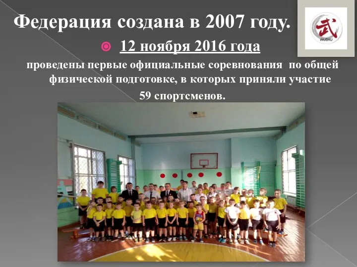 Федерация создана в 2007 году. 12 ноября 2016 года проведены первые официальные