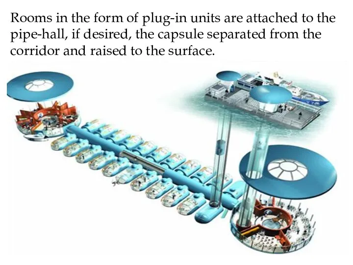 Rooms in the form of plug-in units are attached to the pipe-hall,