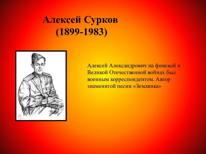 Алексей Сурков (1899-1983) Алексей Александрович на финской и Великой Отечественной войнах был