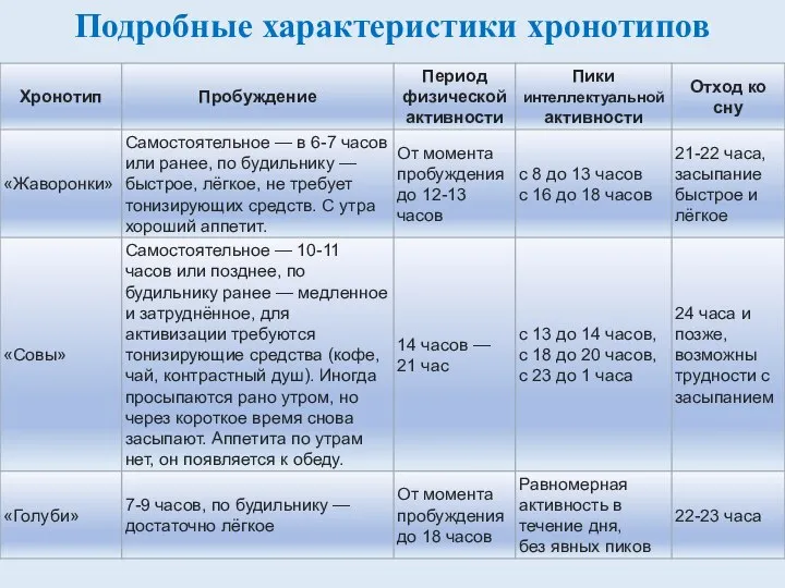 Подробные характеристики хронотипов