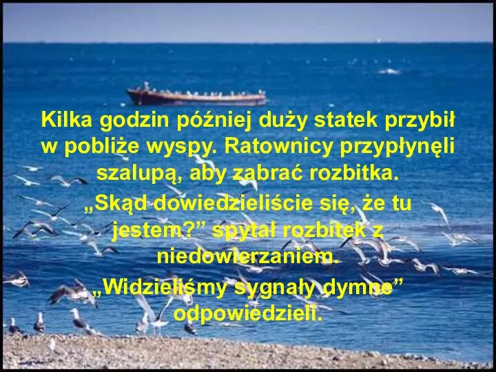 Kilka godzin później duży statek przybił w pobliże wyspy. Ratownicy przypłynęli szalupą,