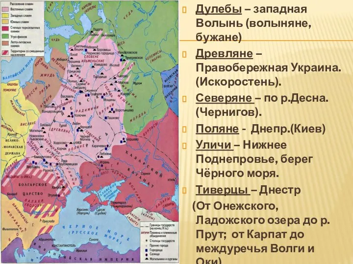 Дулебы – западная Волынь (волыняне, бужане) Древляне – Правобережная Украина. (Искоростень). Северяне