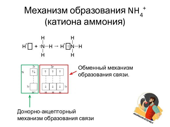 Механизм образования NH4+ (катиона аммония) Обменный механизм образования связи. Донорно-акцепторный механизм образования связи