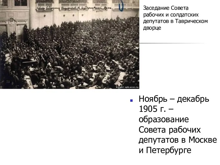 Ноябрь – декабрь 1905 г. – образование Совета рабочих депутатов в Москве