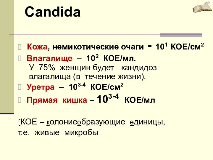 Candida Кожа, немикотические очаги - 101 КОЕ/см2 Влагалище – 102 КОЕ/мл. У