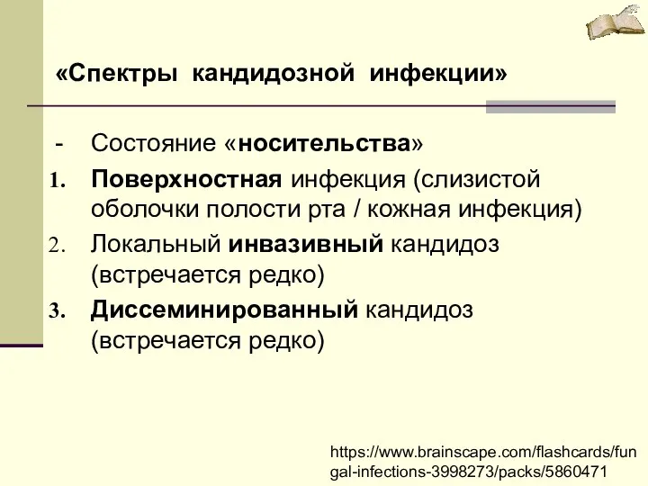 «Спектры кандидозной инфекции» - Состояние «носительства» Поверхностная инфекция (слизистой оболочки полости рта