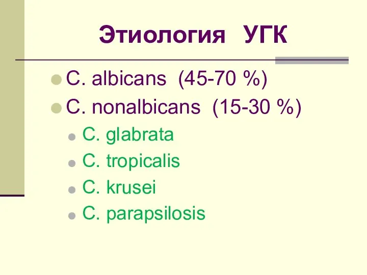 Этиология УГК C. albicans (45-70 %) C. nonalbicans (15-30 %) C. glabrata