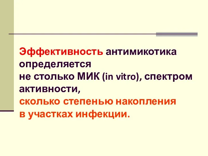 Эффективность антимикотика определяется не столько МИК (in vitro), спектром активности, сколько степенью накопления в участках инфекции.