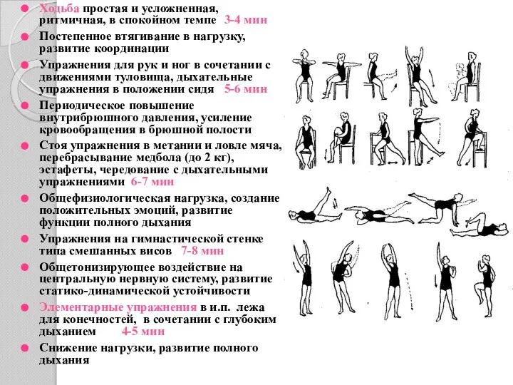 Ходьба простая и усложненная, ритмичная, в спокойном темпе 3-4 мин Постепенное втягивание