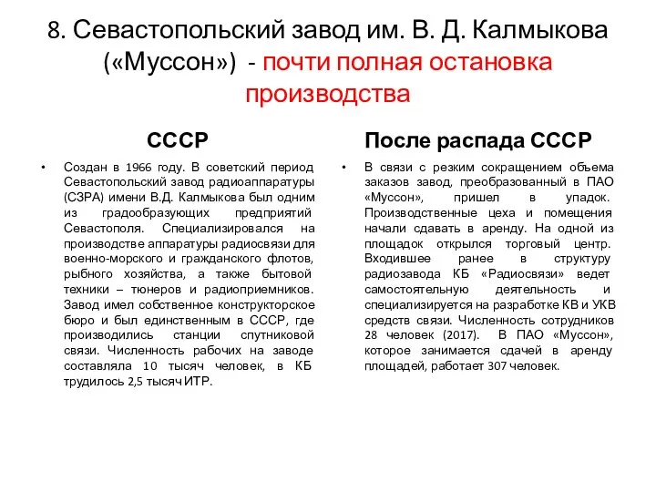 8. Севастопольский завод им. В. Д. Калмыкова («Муссон») - почти полная остановка