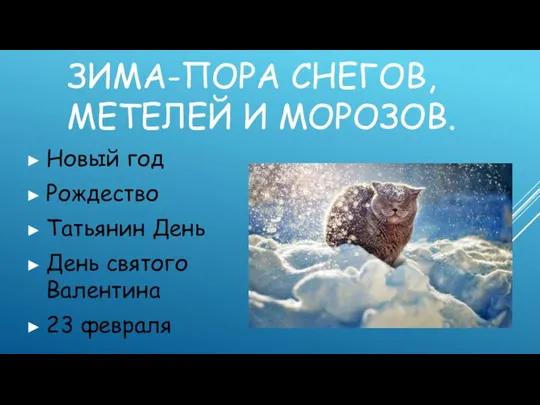 ЗИМА-ПОРА СНЕГОВ, МЕТЕЛЕЙ И МОРОЗОВ. Новый год Рождество Татьянин День День святого Валентина 23 февраля