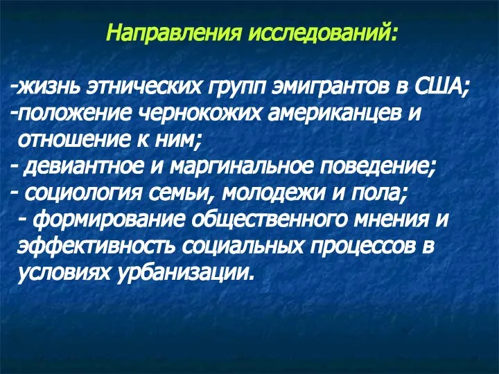 Направления исследований: жизнь этнических групп эмигрантов в США; положение чернокожих американцев и